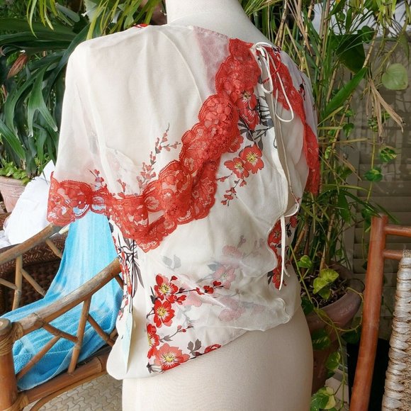 Vintage Tracy Reese 100% Silk Top Orange Flowers and Lace sz 8. New w/Tag - Picture 10 of 11